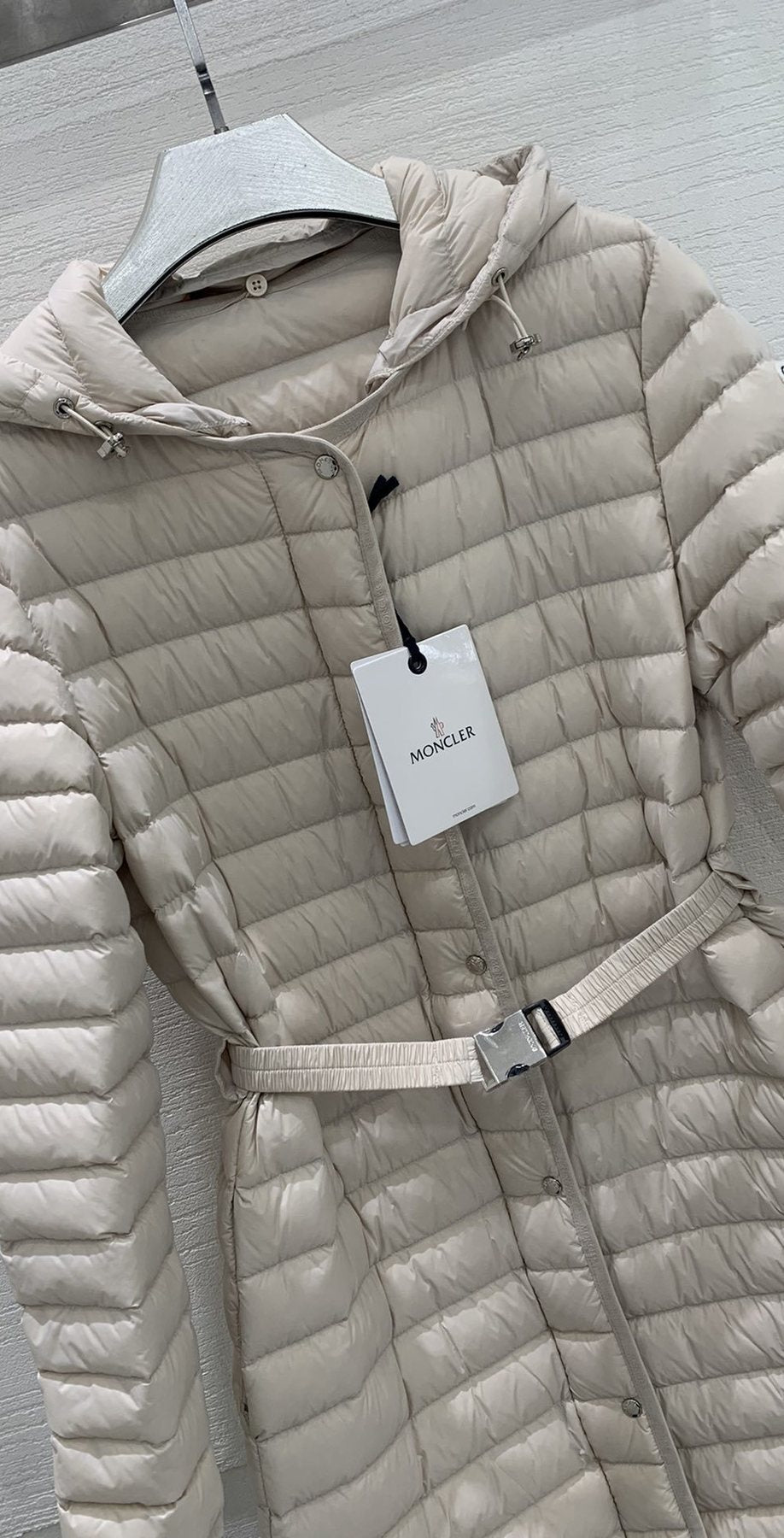 Moncler Women’s Belted Hooded Long Down Coat — front