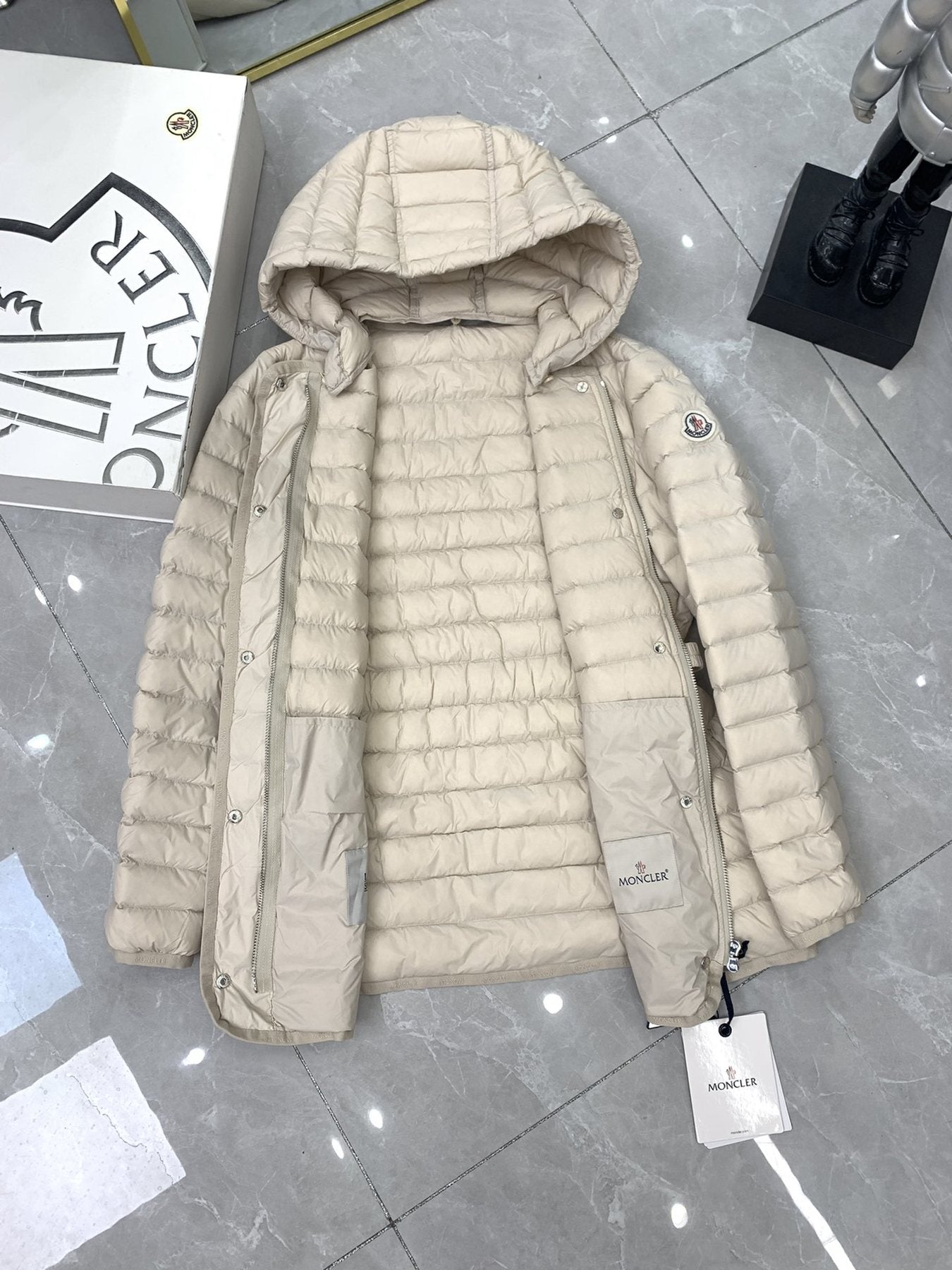Moncler Belted Hooded Puffer Coat — detail