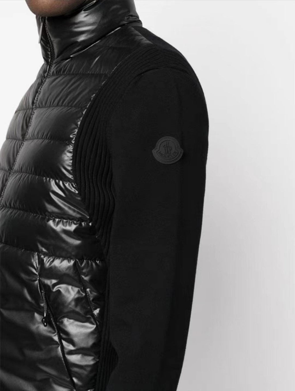 Moncler Black Hybrid Quilted Knit Zip Coat — detail