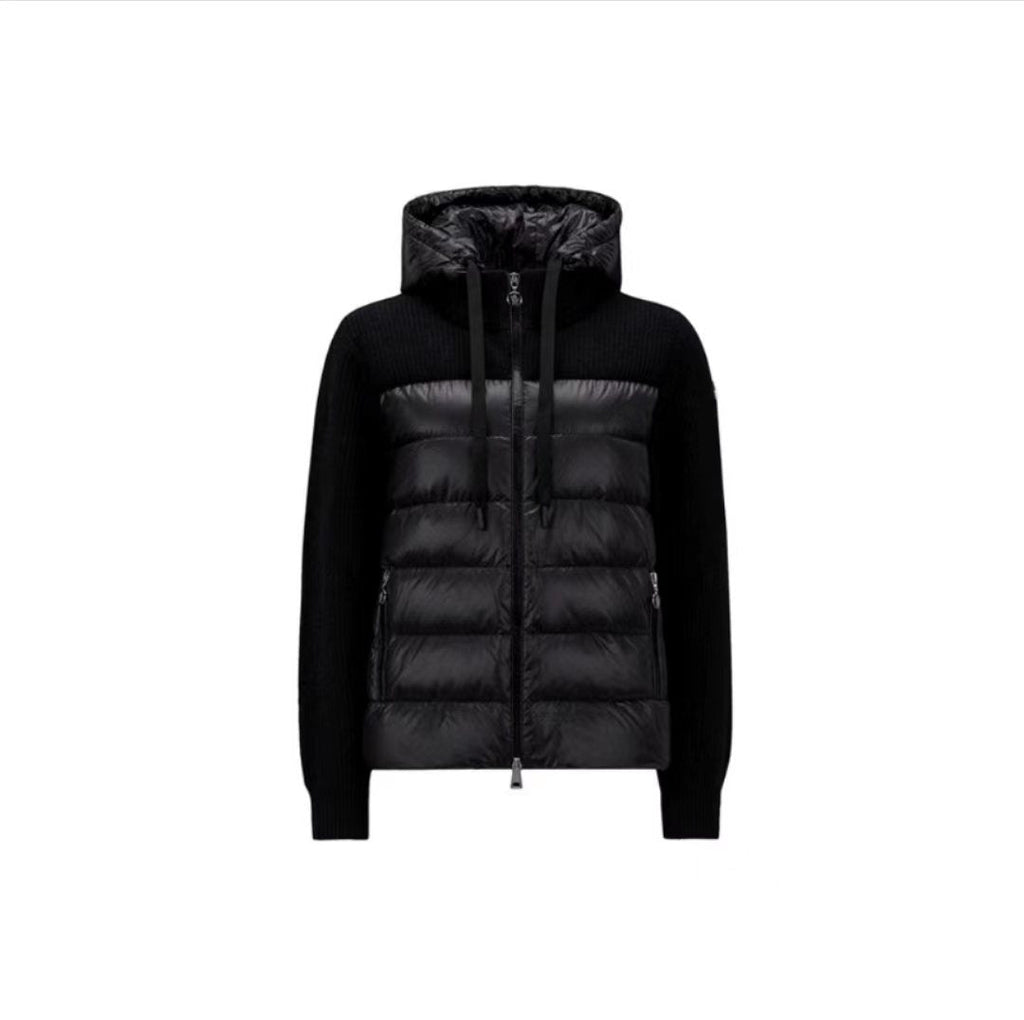 Moncler Women's Hooded Knit Sleeve Down Jacket — front