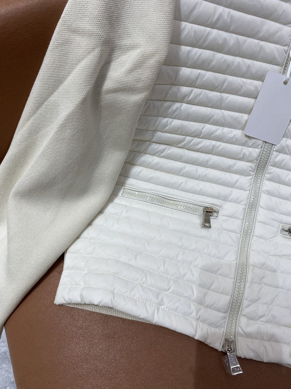 Moncler Quilted Knit-Sleeve Zip Down Jacket — detail