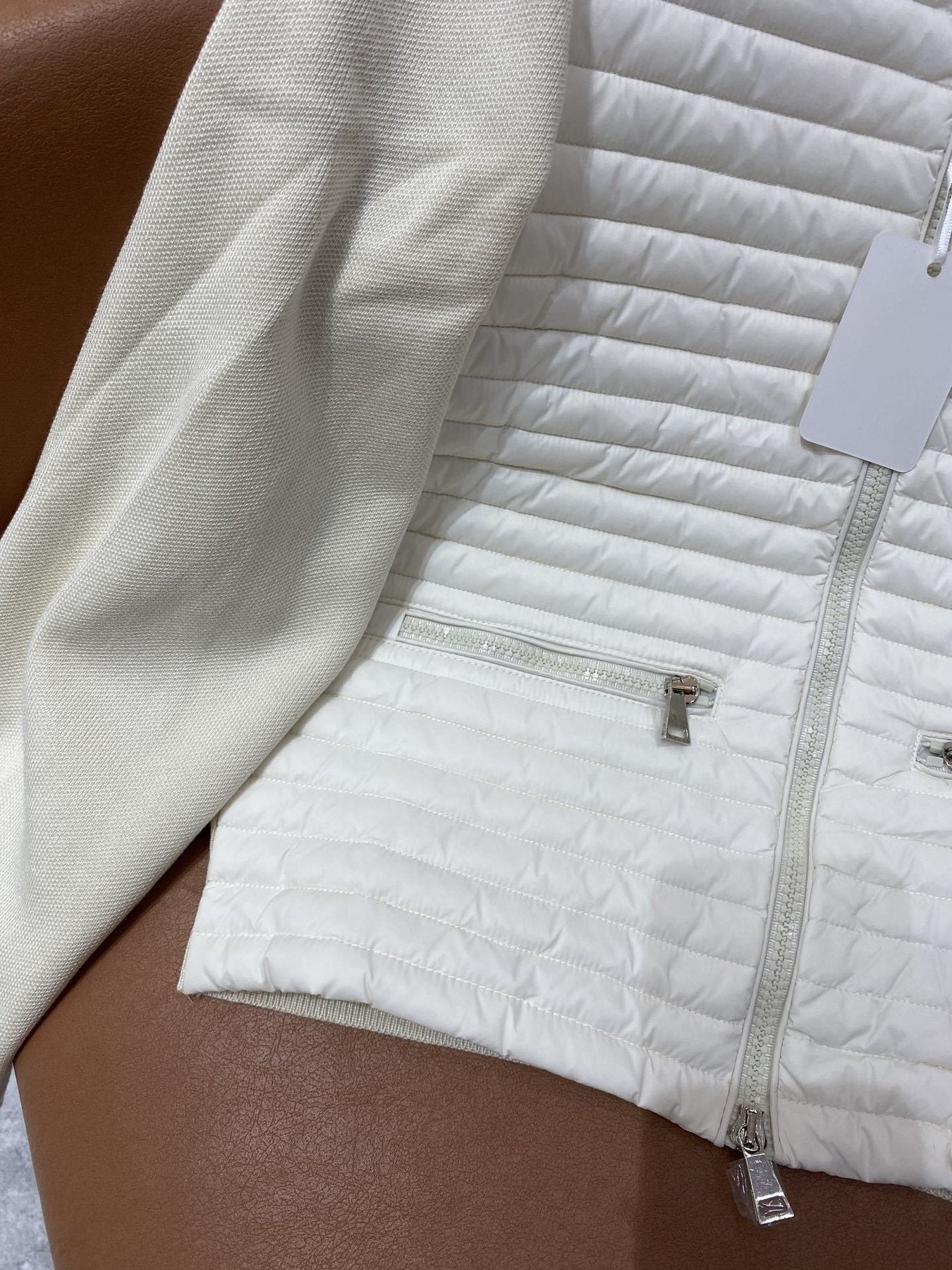 Moncler Quilted Knit-Sleeve Zip Down Jacket — detail