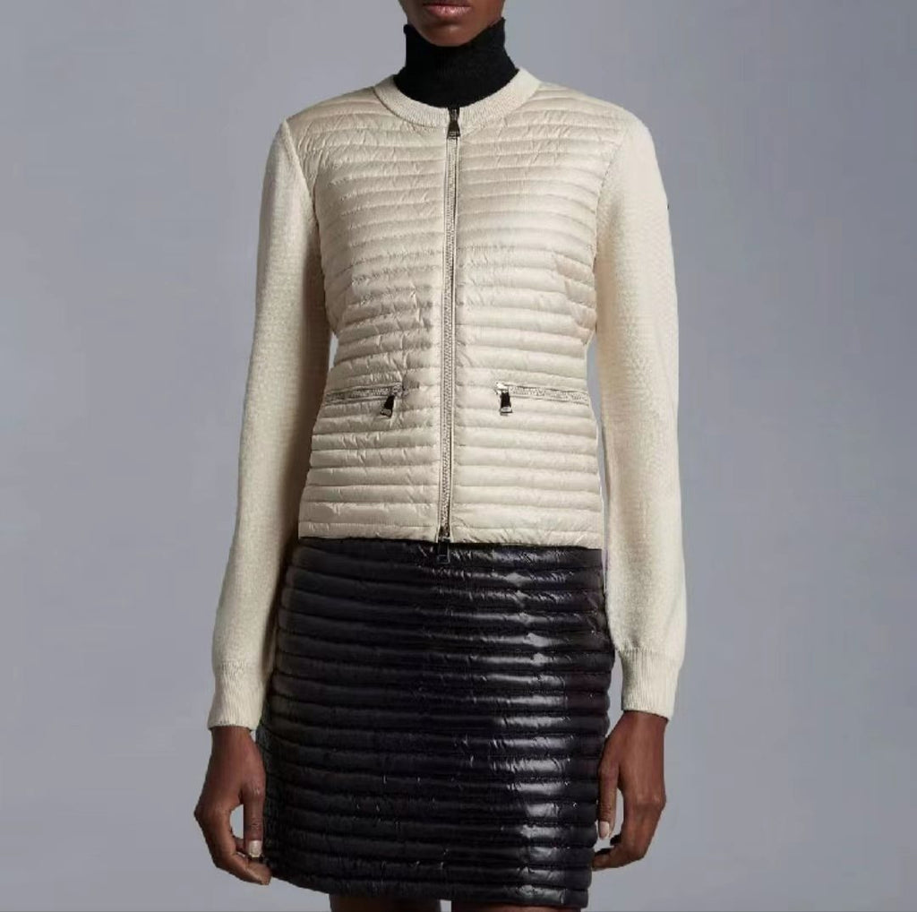 Moncler Quilted Knit-Sleeve Zip Down Jacket — context