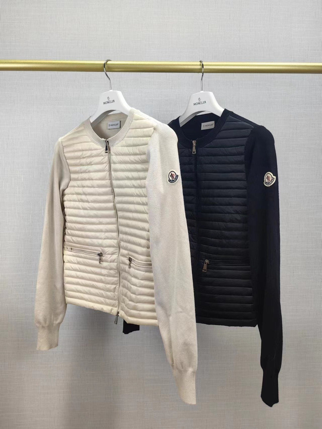 Moncler Quilted Knit-Sleeve Zip Down Jacket — comparison