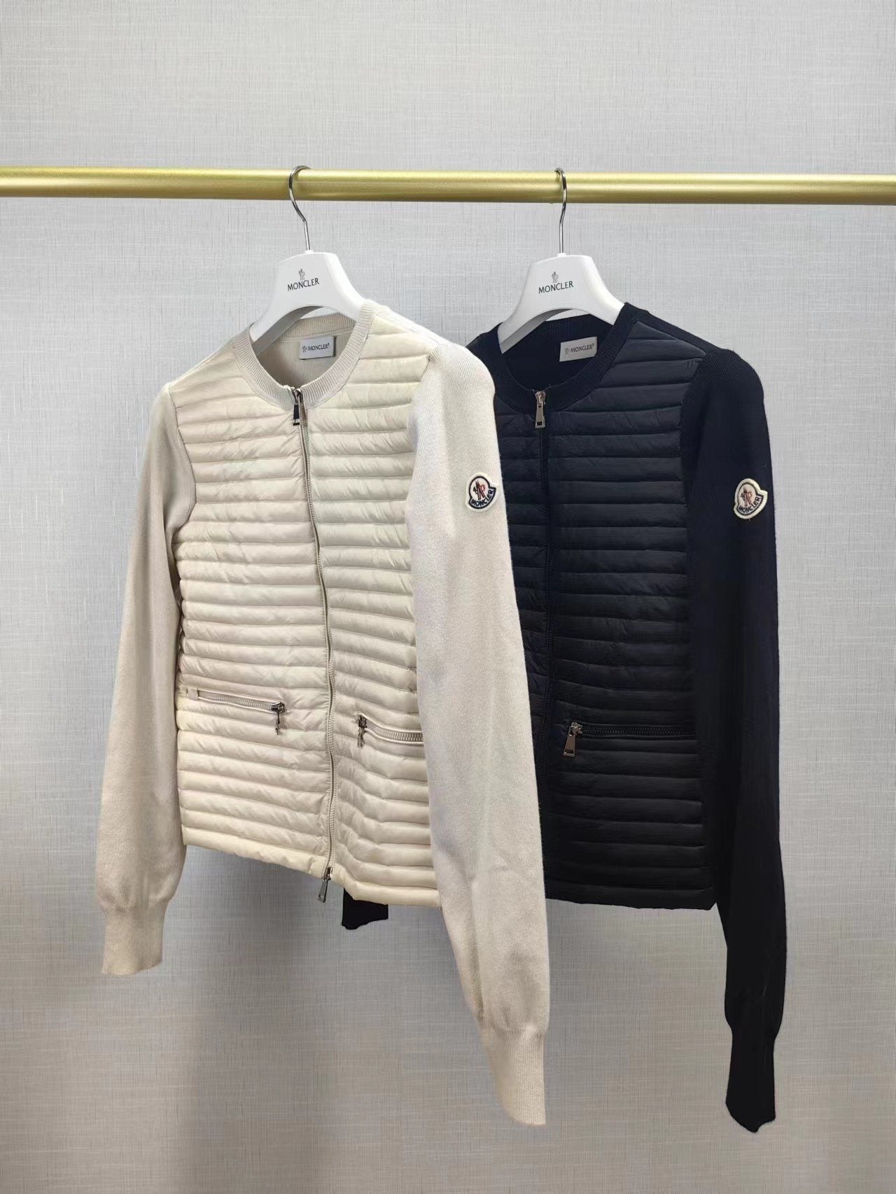 Moncler Quilted Knit-Sleeve Zip Down Jacket — comparison