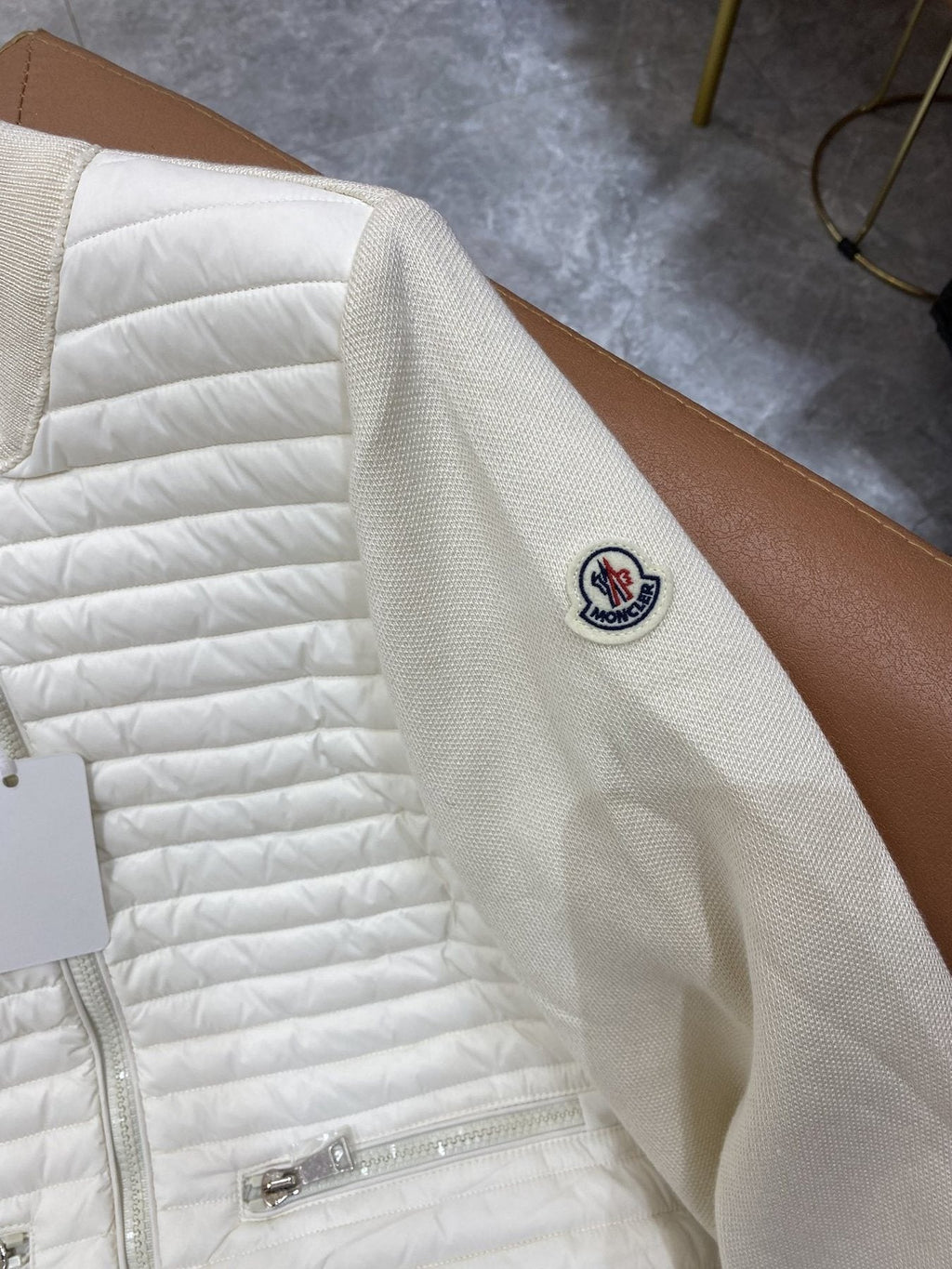 Moncler Quilted Knit-Sleeve Zip Down Jacket — detail