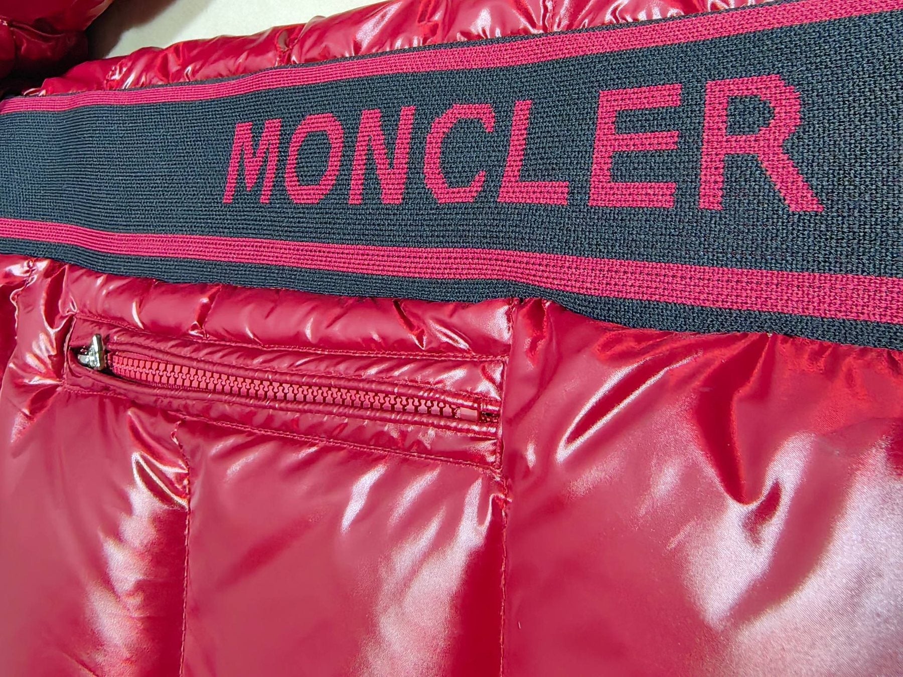 Moncler Glossy Knit-Panel Short Down Coat — detail