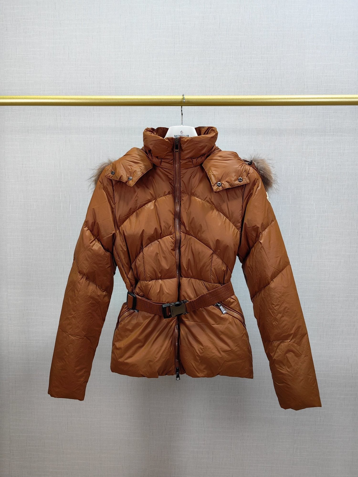 Moncler Women's Fur-Trim Hood Belted Short Down Coat — hero