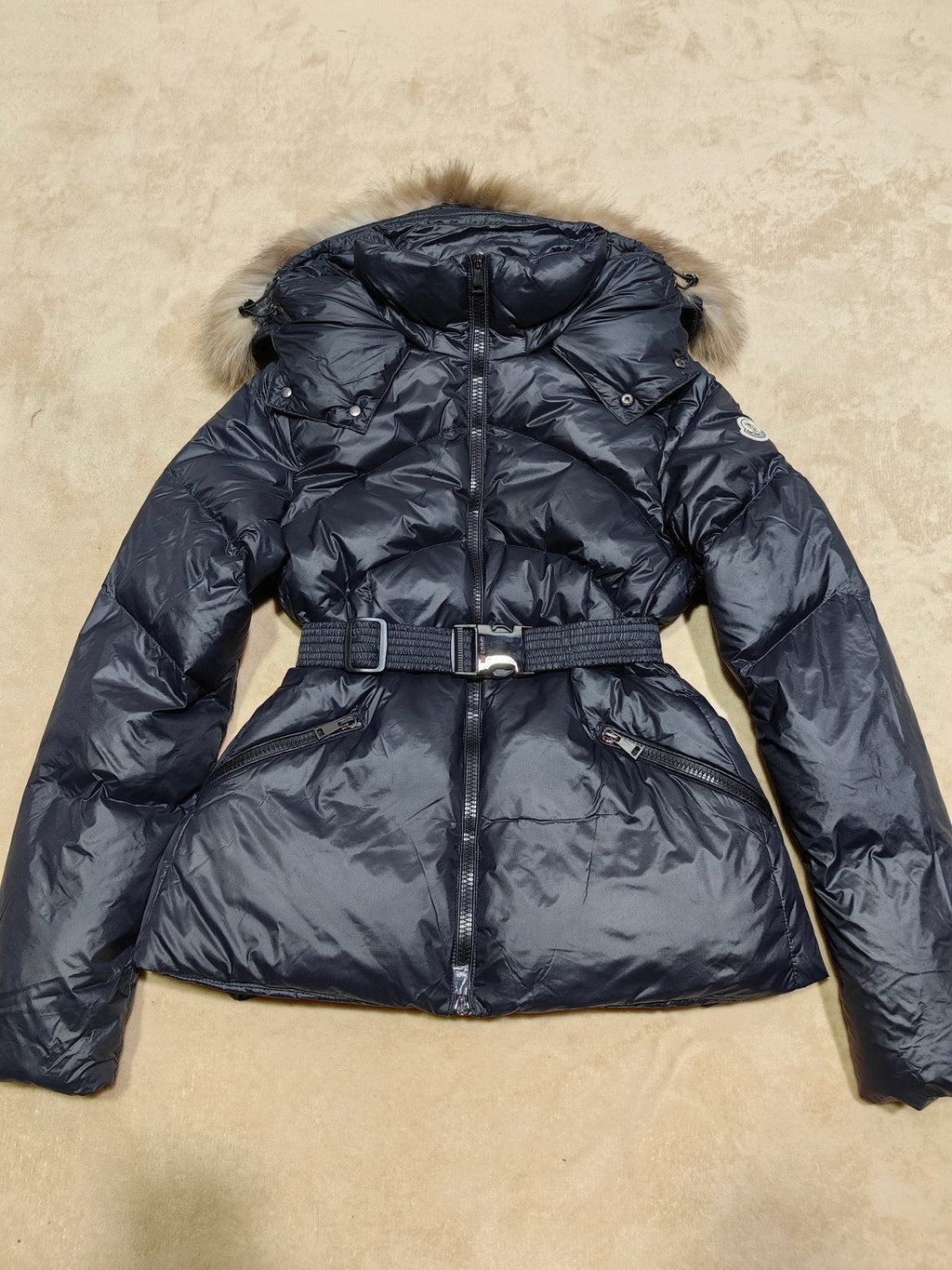 Moncler Women's Fur-Trim Hood Belted Short Down Coat — front