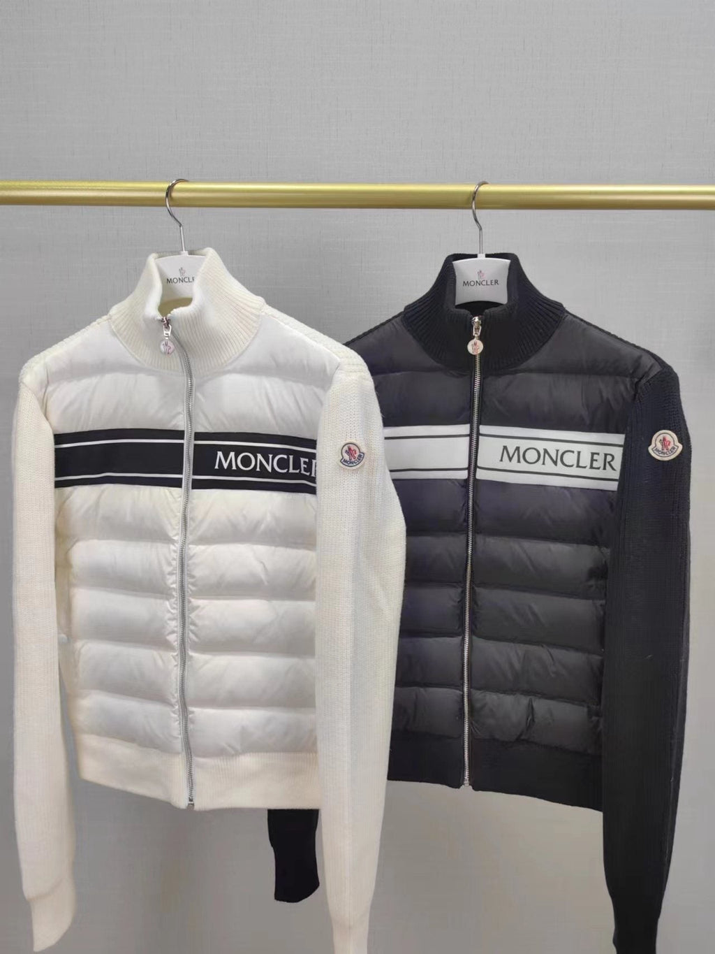 Moncler Quilted Knit-Sleeve Down Jacket — comparison