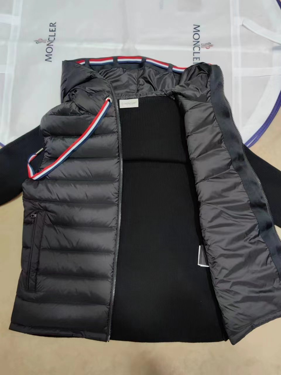 Moncler Quilted Knit-Sleeve Hooded Jacket — detail