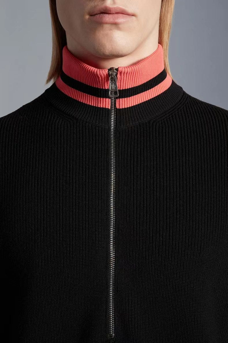 Moncler Rib-Knit Striped Collar Quarter-Zip Sweater — detail