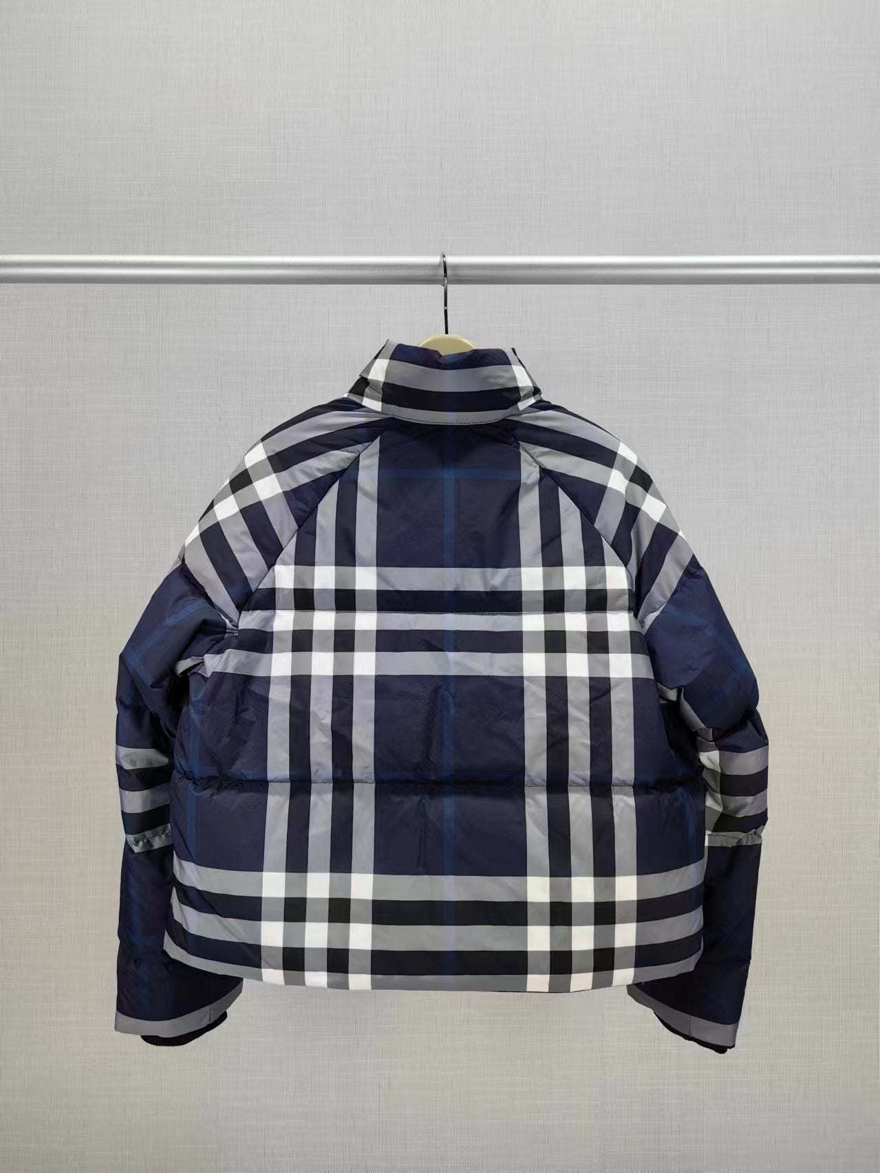 Burberry Beige and Navy Check Short Puffer Jacket — back