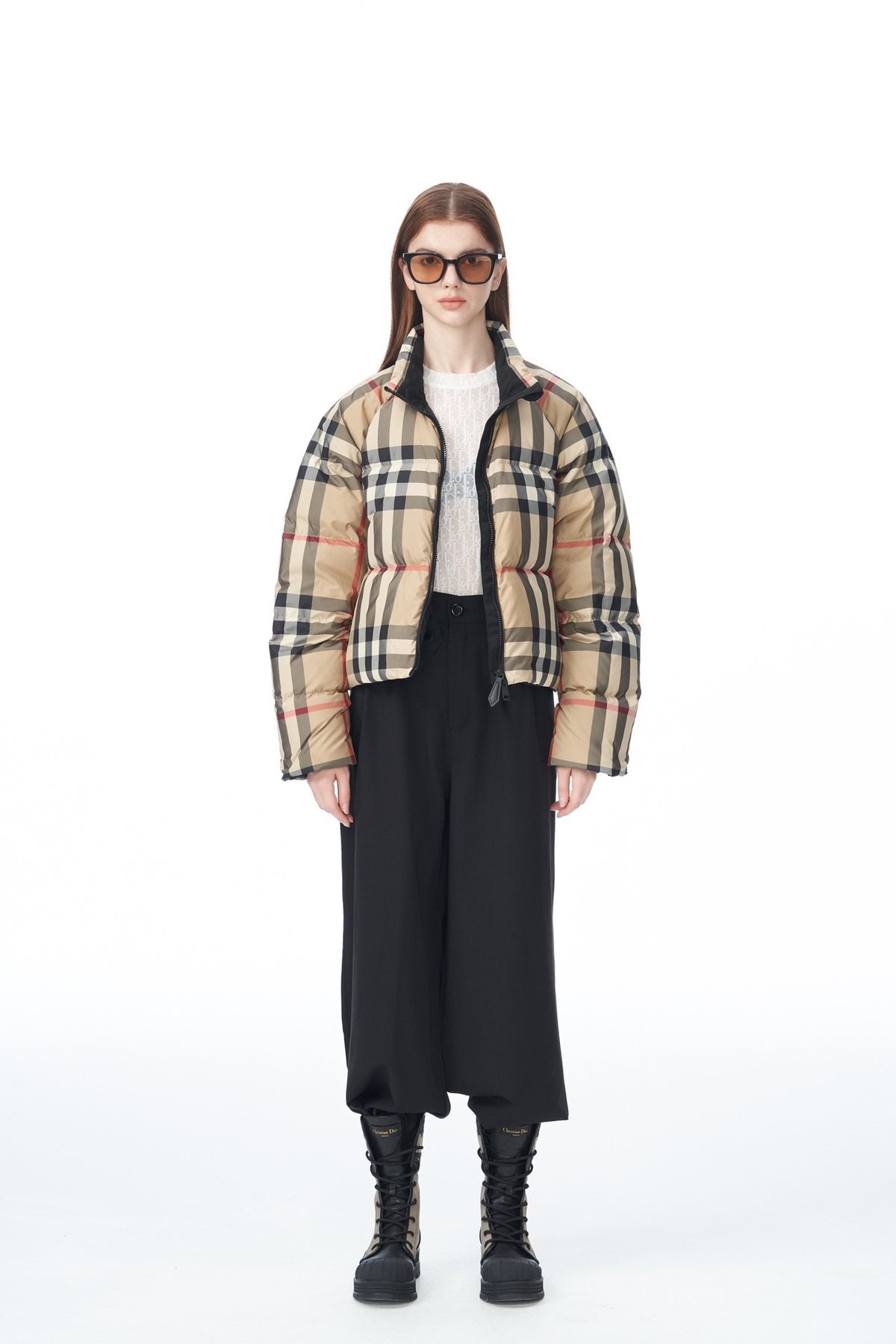 Burberry Beige and Navy Check Short Puffer Jacket — front