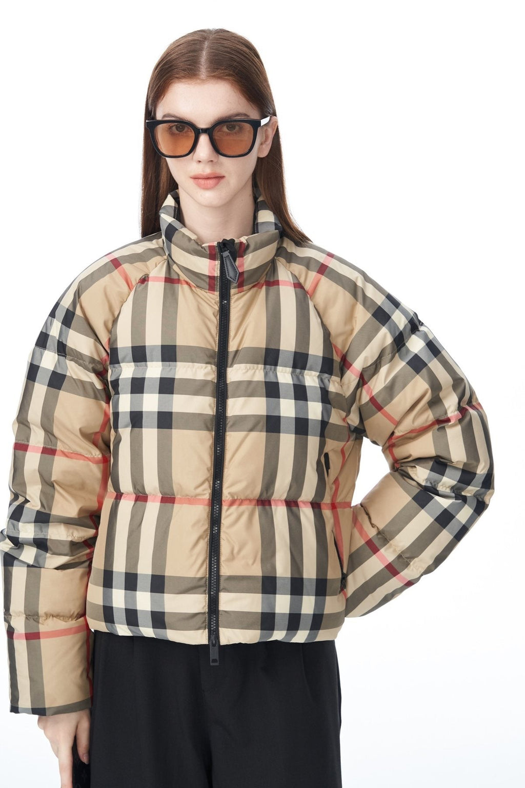 Burberry Beige and Navy Check Short Puffer Jacket — detail
