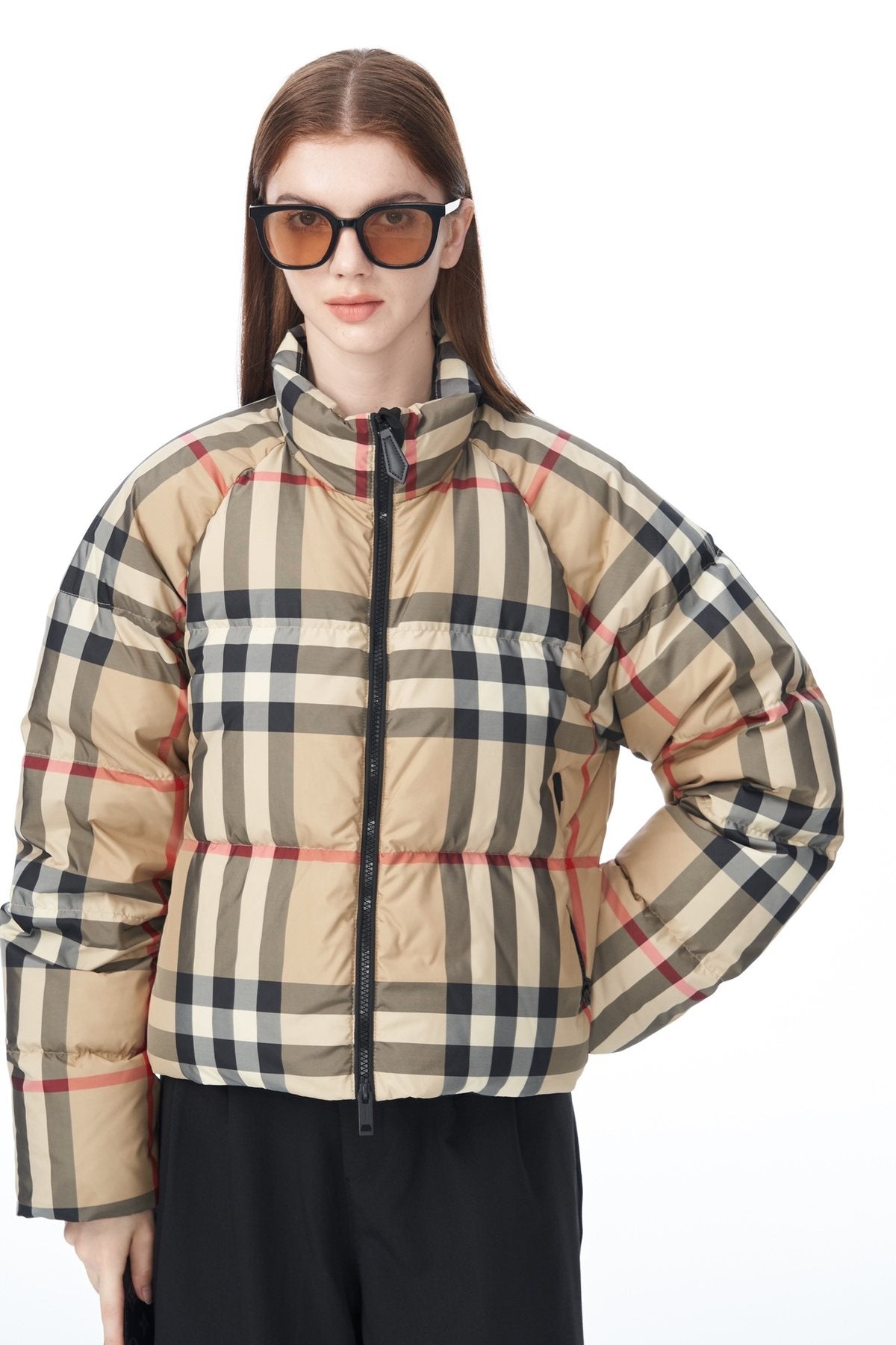 Burberry Beige and Navy Check Short Puffer Jacket — detail