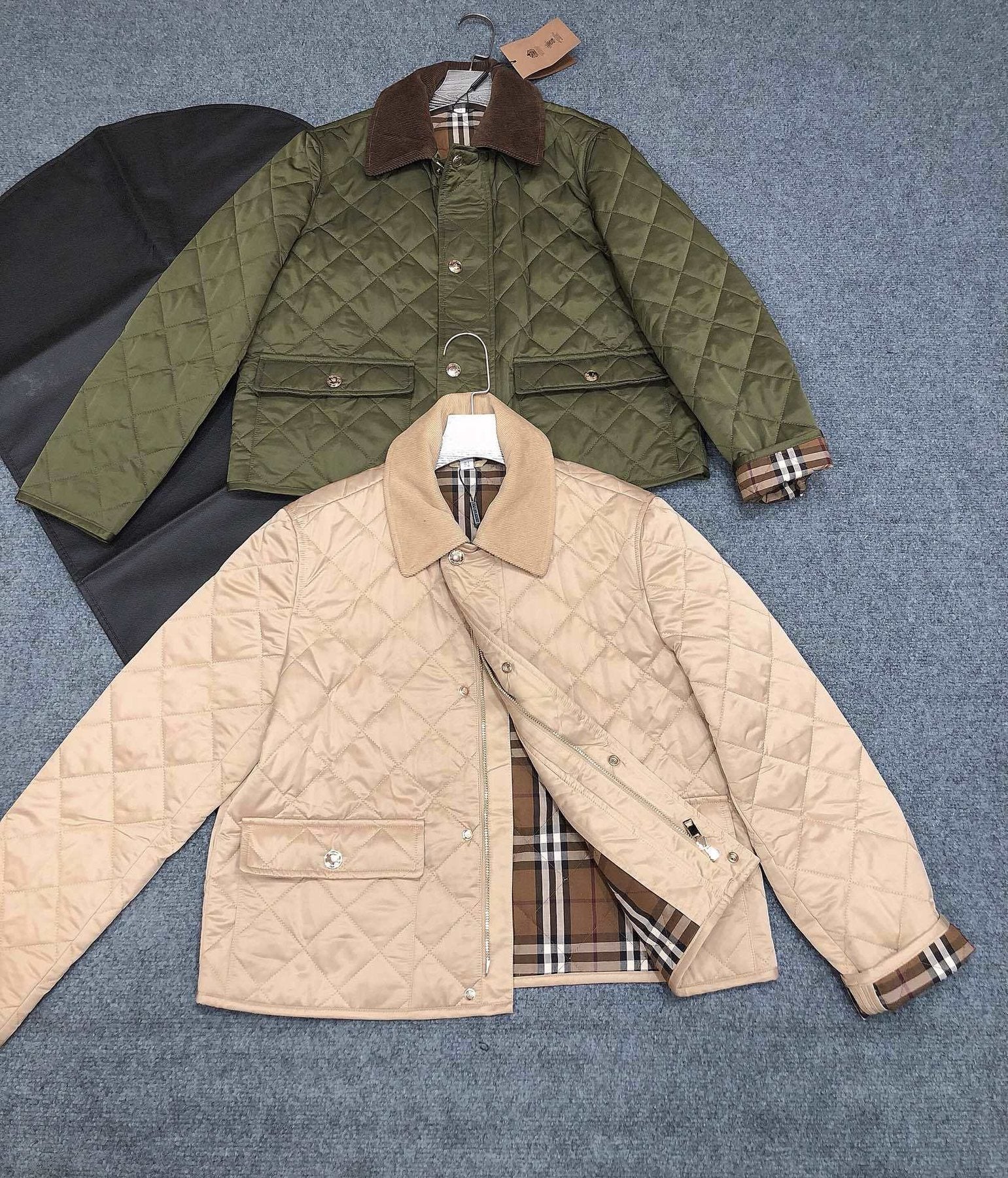 Burberry Corduroy-Collar Diamond-Quilted Jacket — comparison
