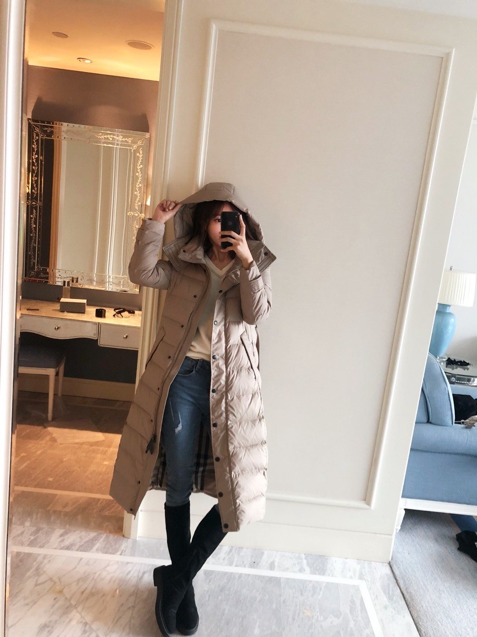 Burberry Belted Hooded Long Down Jacket — context