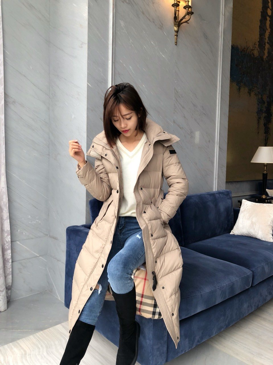 Burberry Belted Hooded Long Down Jacket — context
