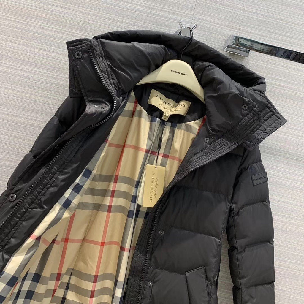 Burberry Belted Hooded Long Down Jacket — detail