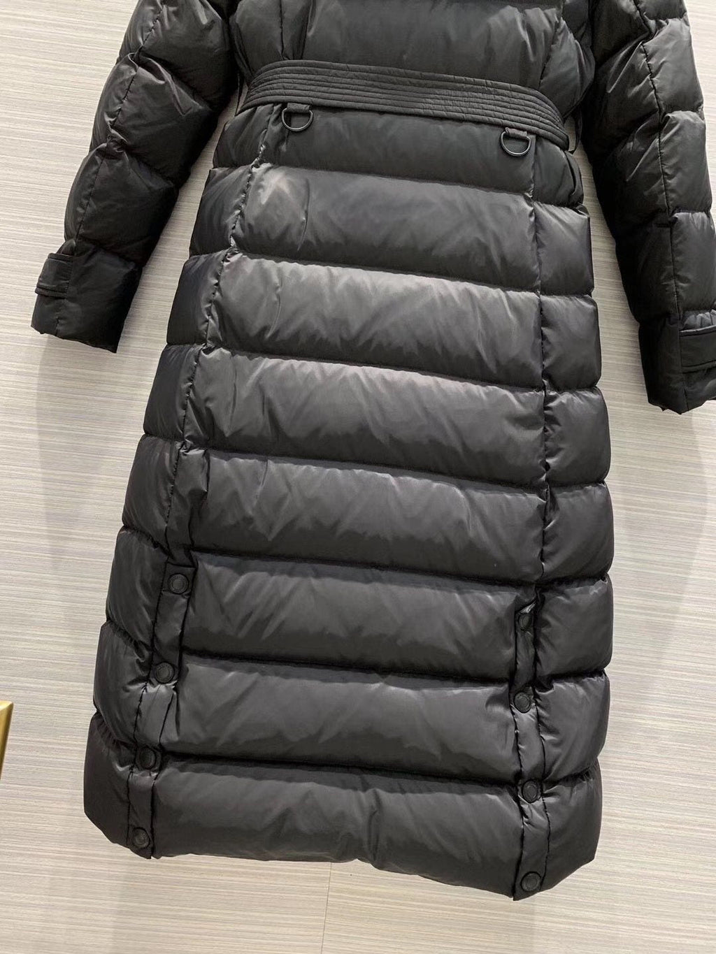 Burberry Belted Hooded Long Down Jacket — detail