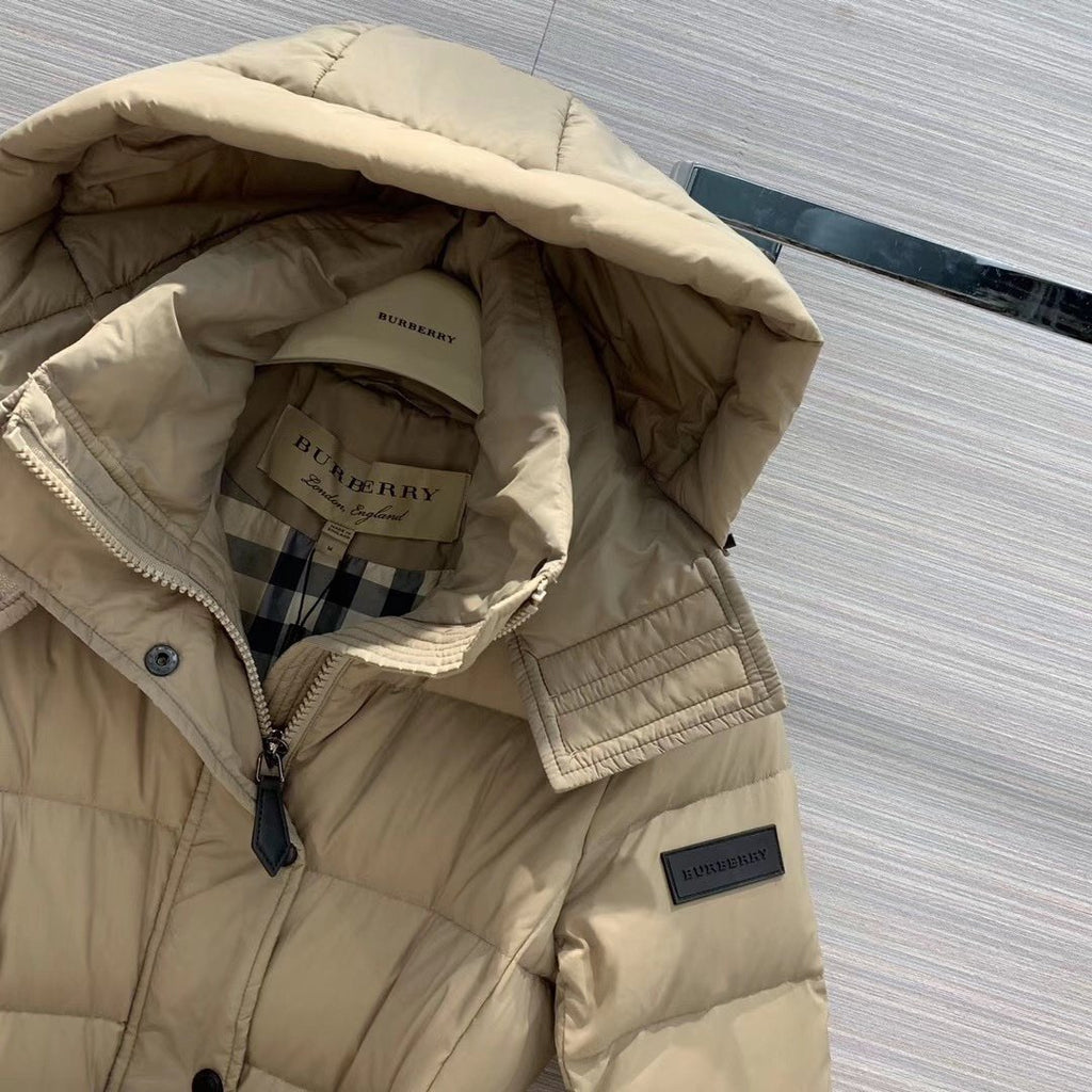 Burberry Belted Hooded Long Down Jacket — detail