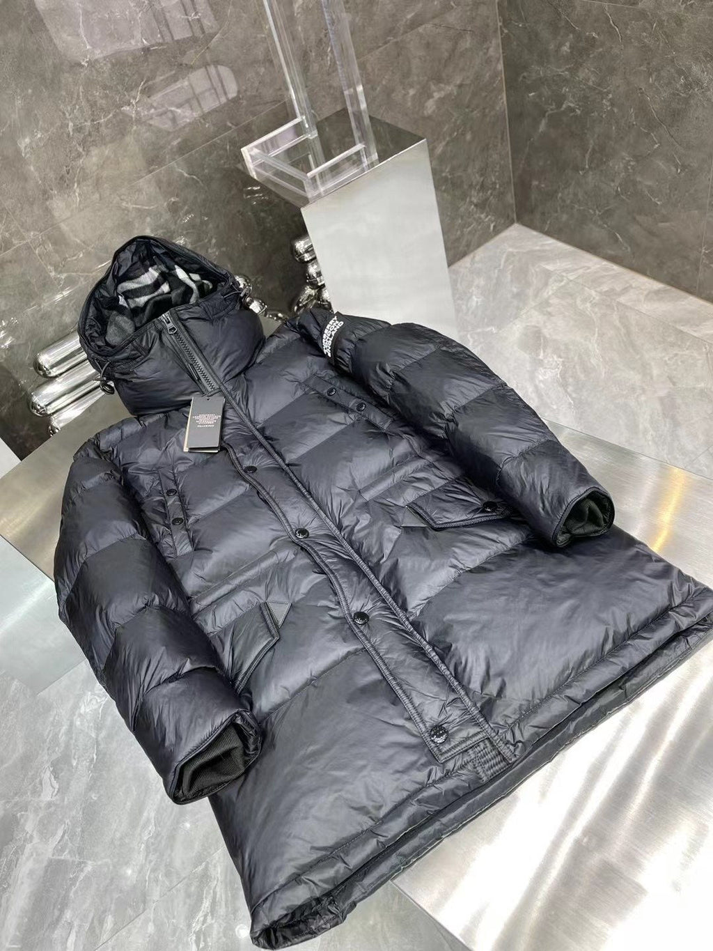 Burberry Navy Hooded Long Puffer Jacket — front