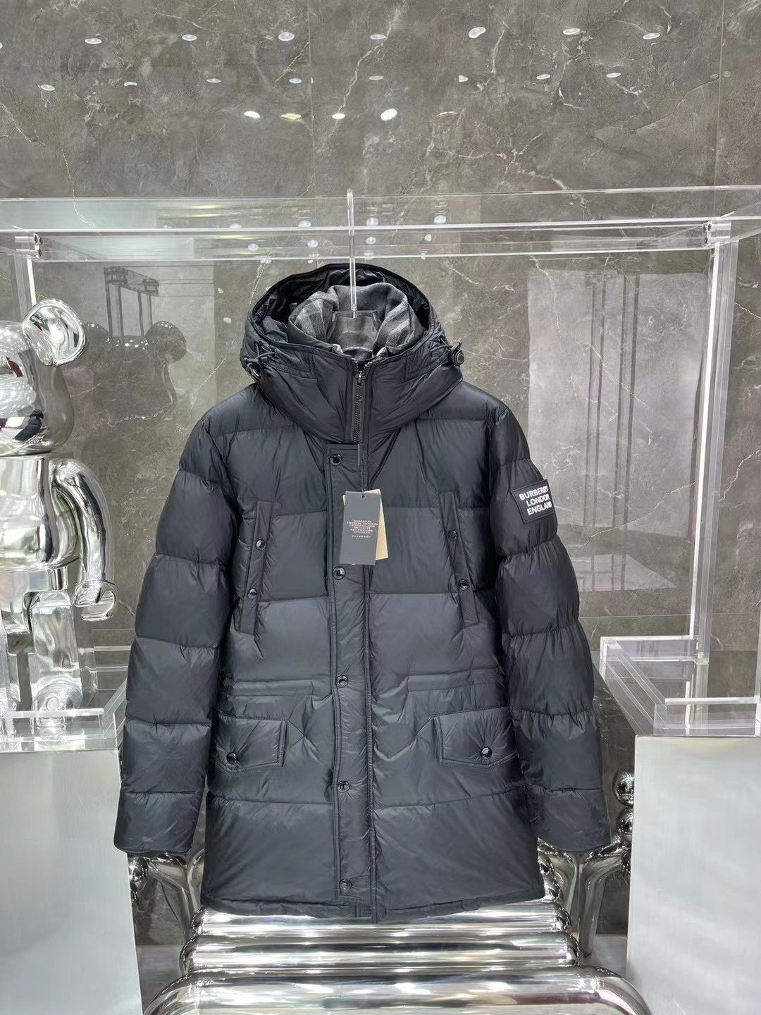 Burberry Navy Hooded Long Puffer Jacket — hero