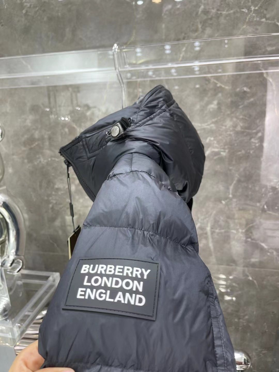 Burberry Navy Hooded Long Puffer Jacket — detail