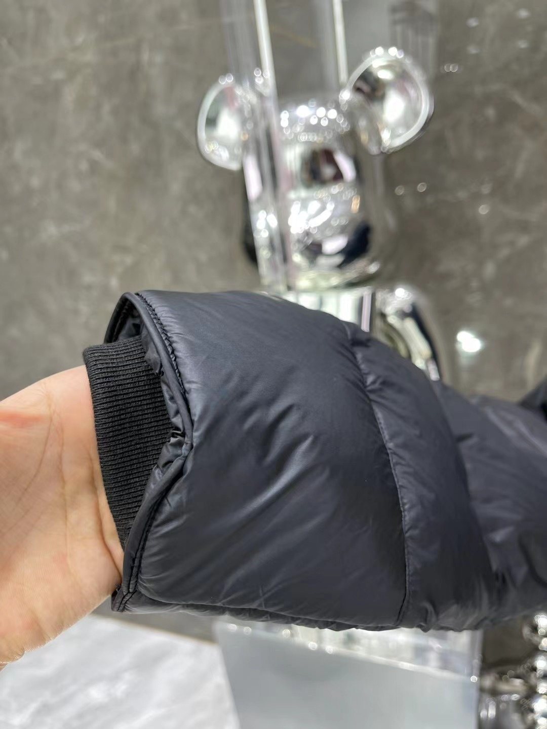 Burberry Navy Hooded Long Puffer Jacket — fabric_closeup