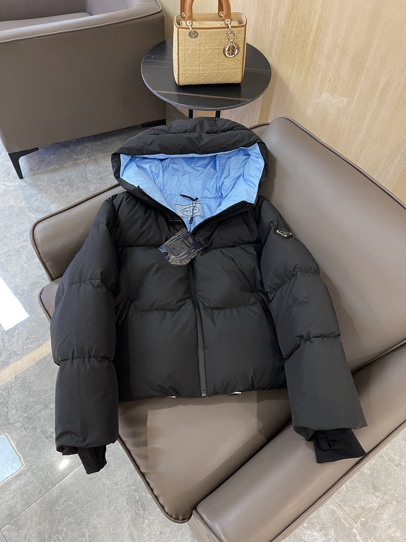 Prada Hooded Short Down Jacket — detail