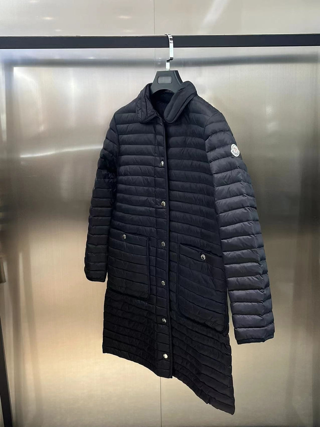Moncler Women's Long Quilted Button-Front Down Coat — detail