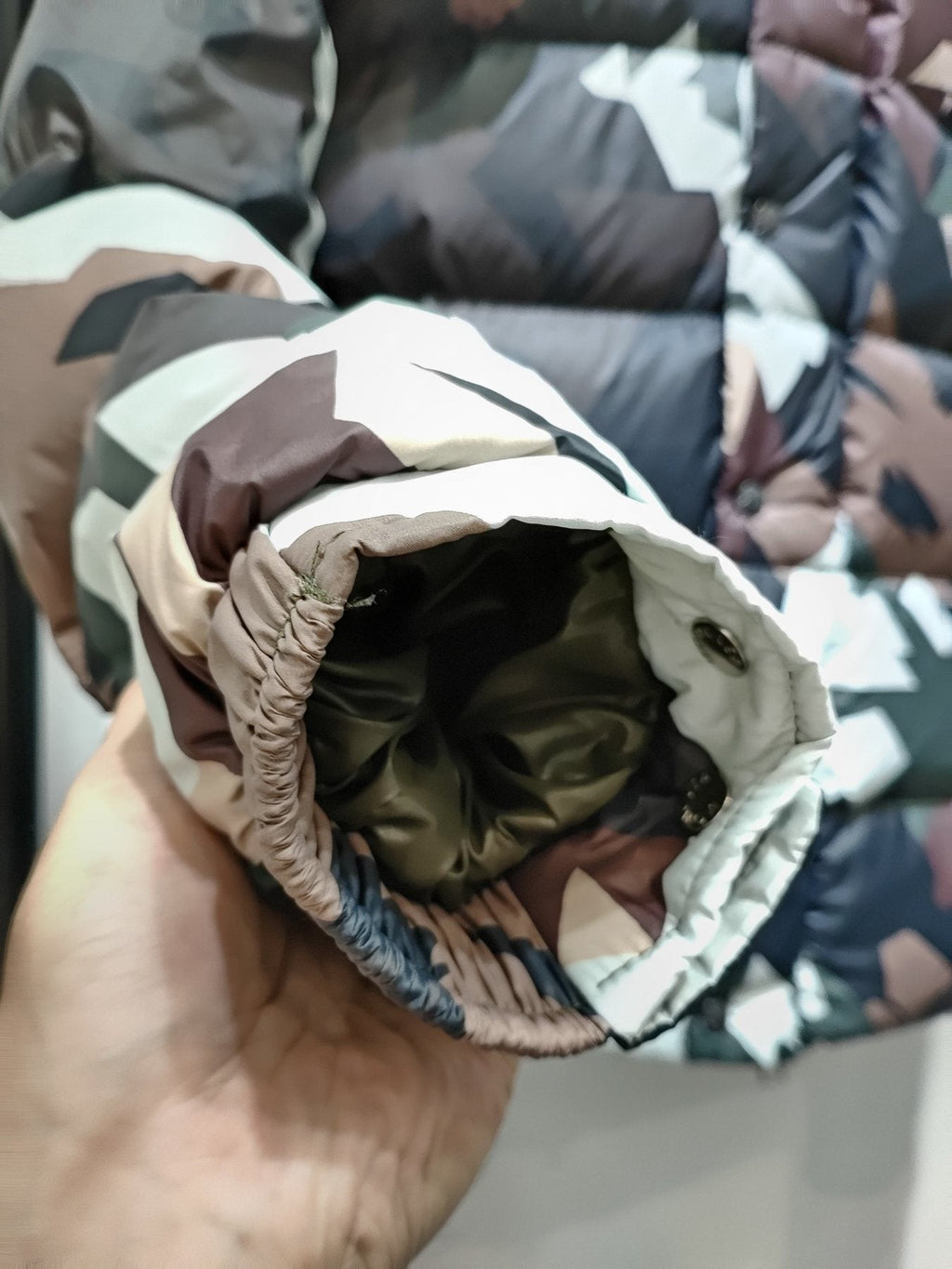 Moncler Geometric Camouflage Hooded Puffer Coat — detail
