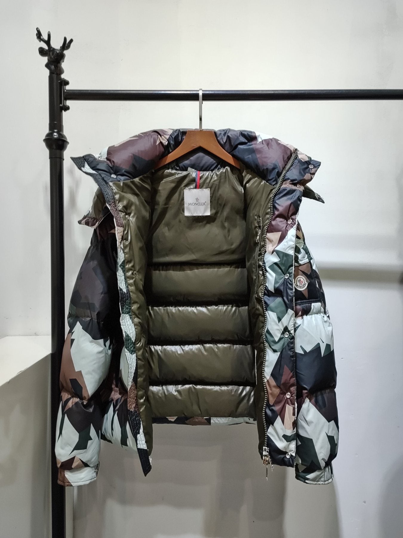 Moncler Geometric Camouflage Hooded Puffer Coat — front