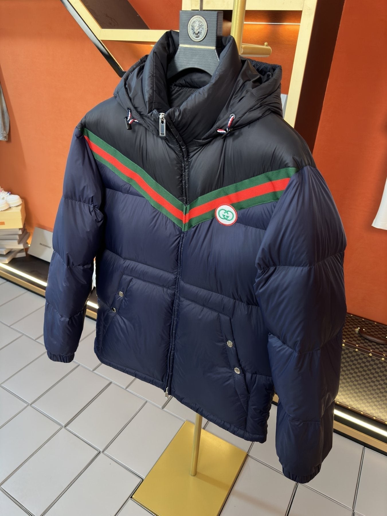 GUCCI Hooded Web Stripe Puffer Jacket — front