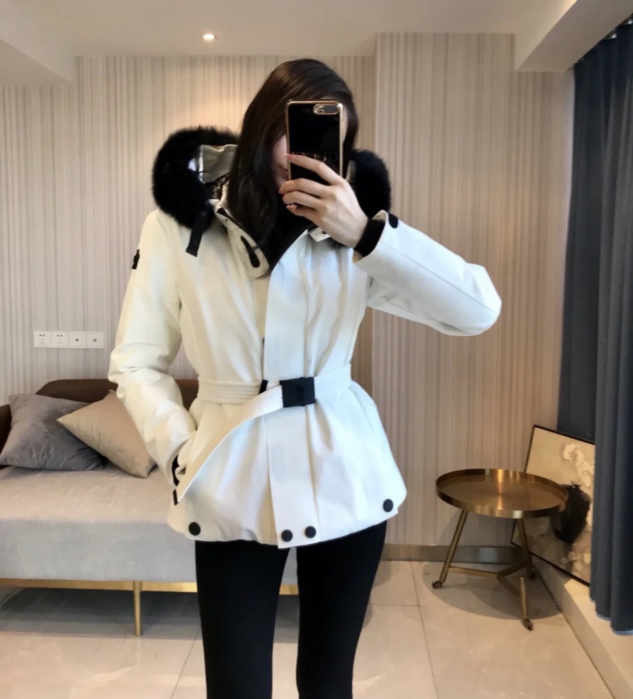 Moncler Women's Fur-Trim Hood Belted Puffer Coat — front