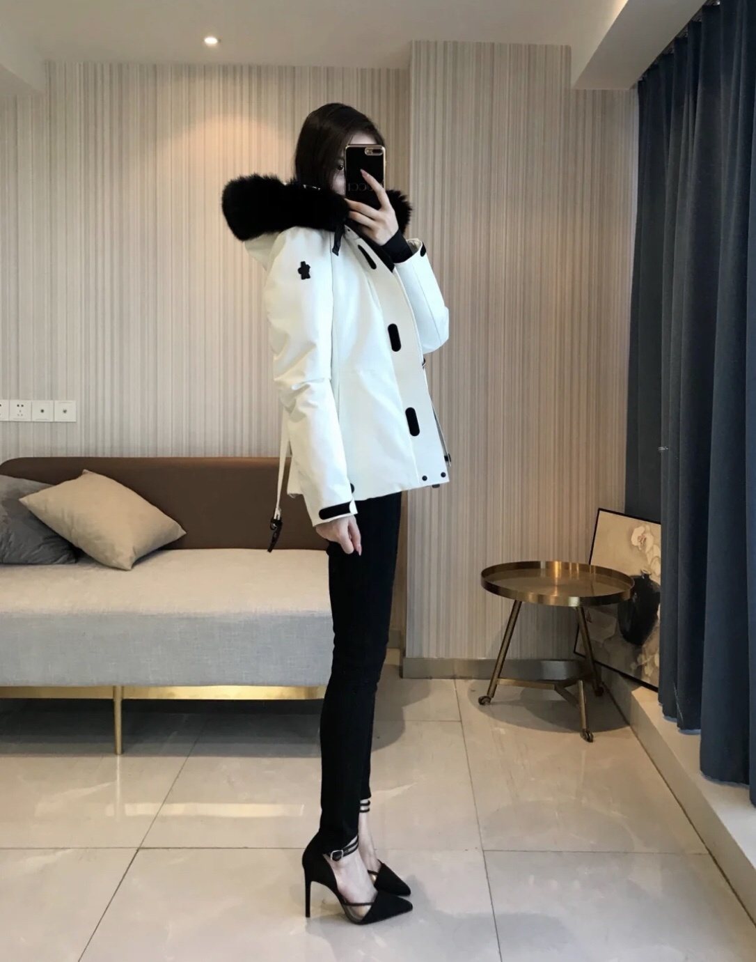 Moncler Women's Fur-Trim Hood Belted Puffer Coat — side