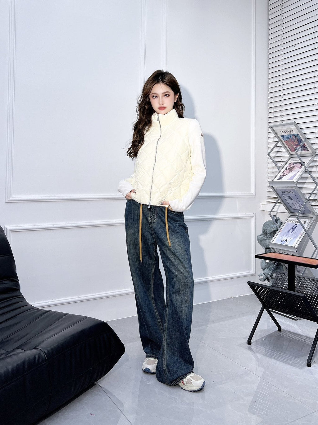 Moncler Diamond-Quilted Knit Sleeve Down Coat — context