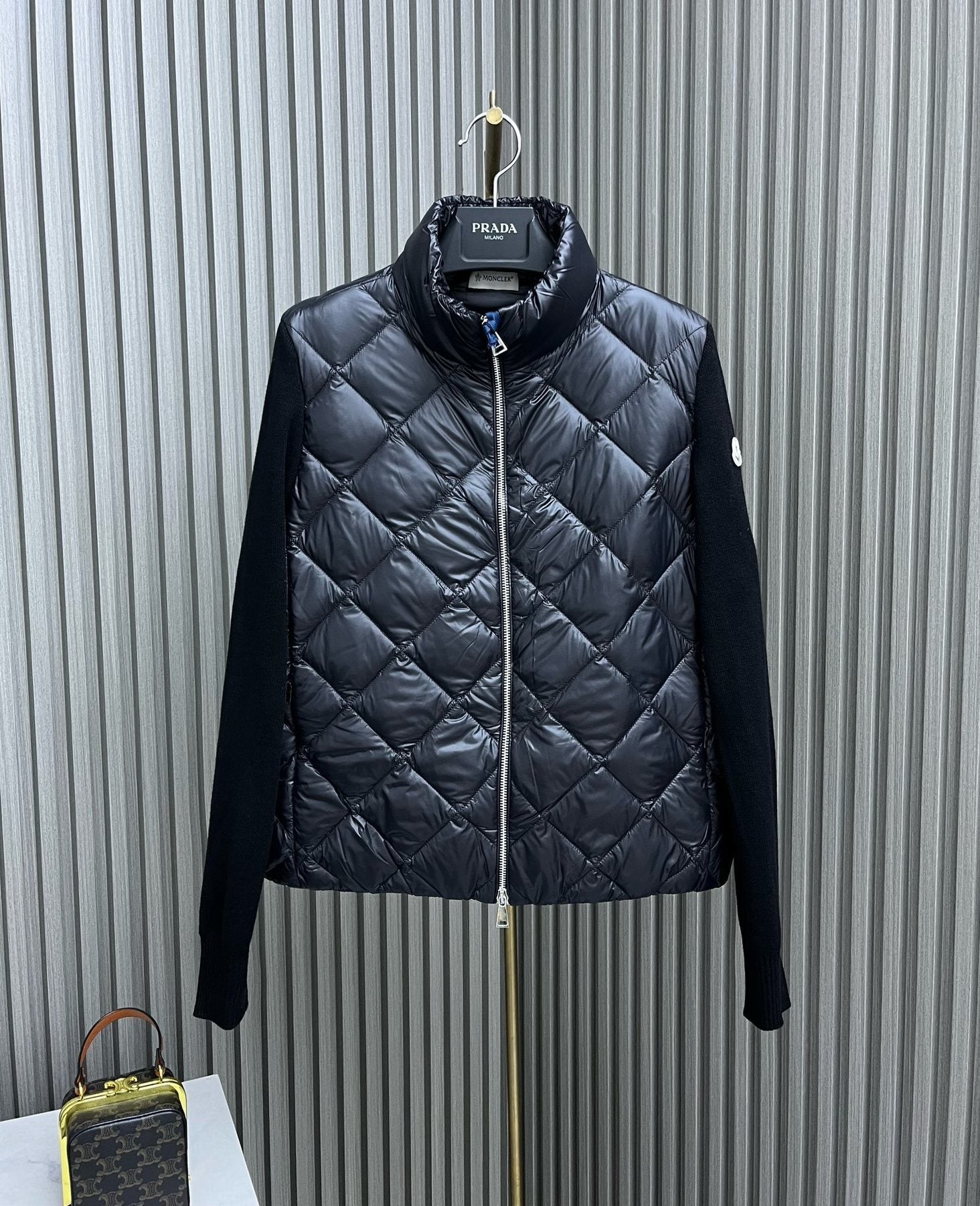Moncler Diamond-Quilted Knit Sleeve Down Coat — front