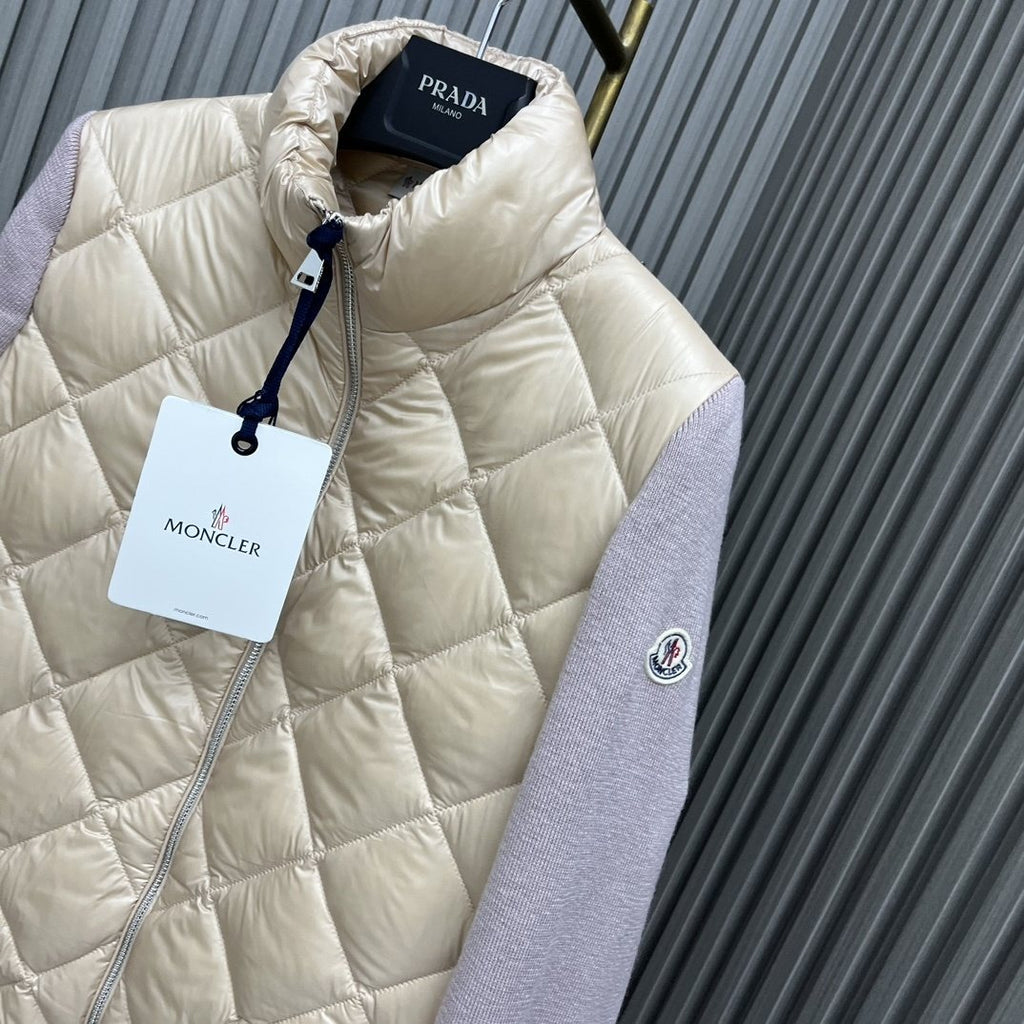 Moncler Diamond-Quilted Knit Sleeve Down Coat — detail