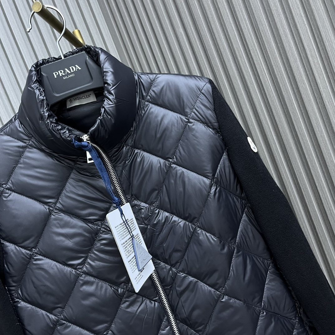 Moncler Diamond-Quilted Knit Sleeve Down Coat — detail
