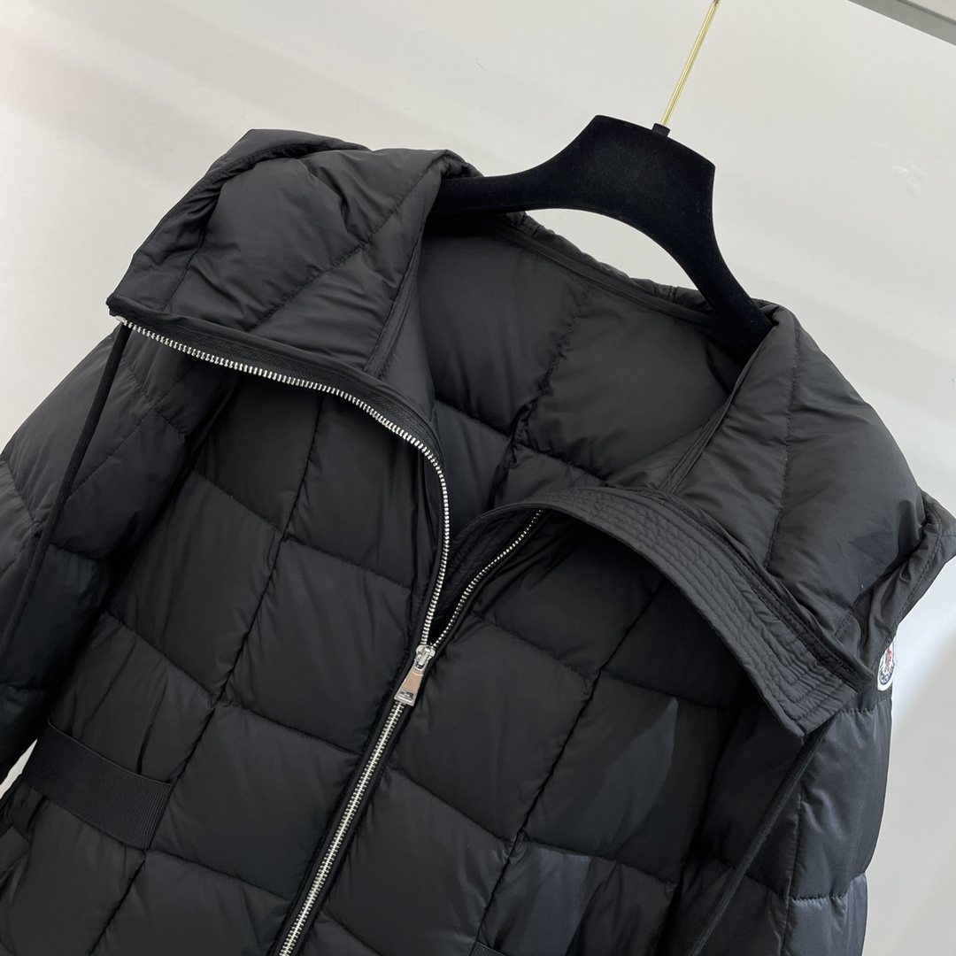 Moncler Women's Black Long Hooded Quilted Puffer Coat — detail