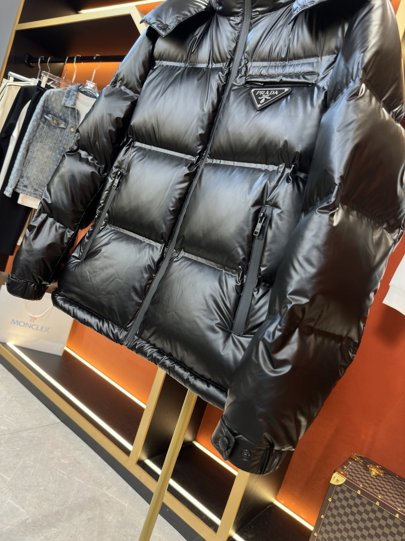 Prada Hooded Triangle-Badge Puffer Jacket — detail
