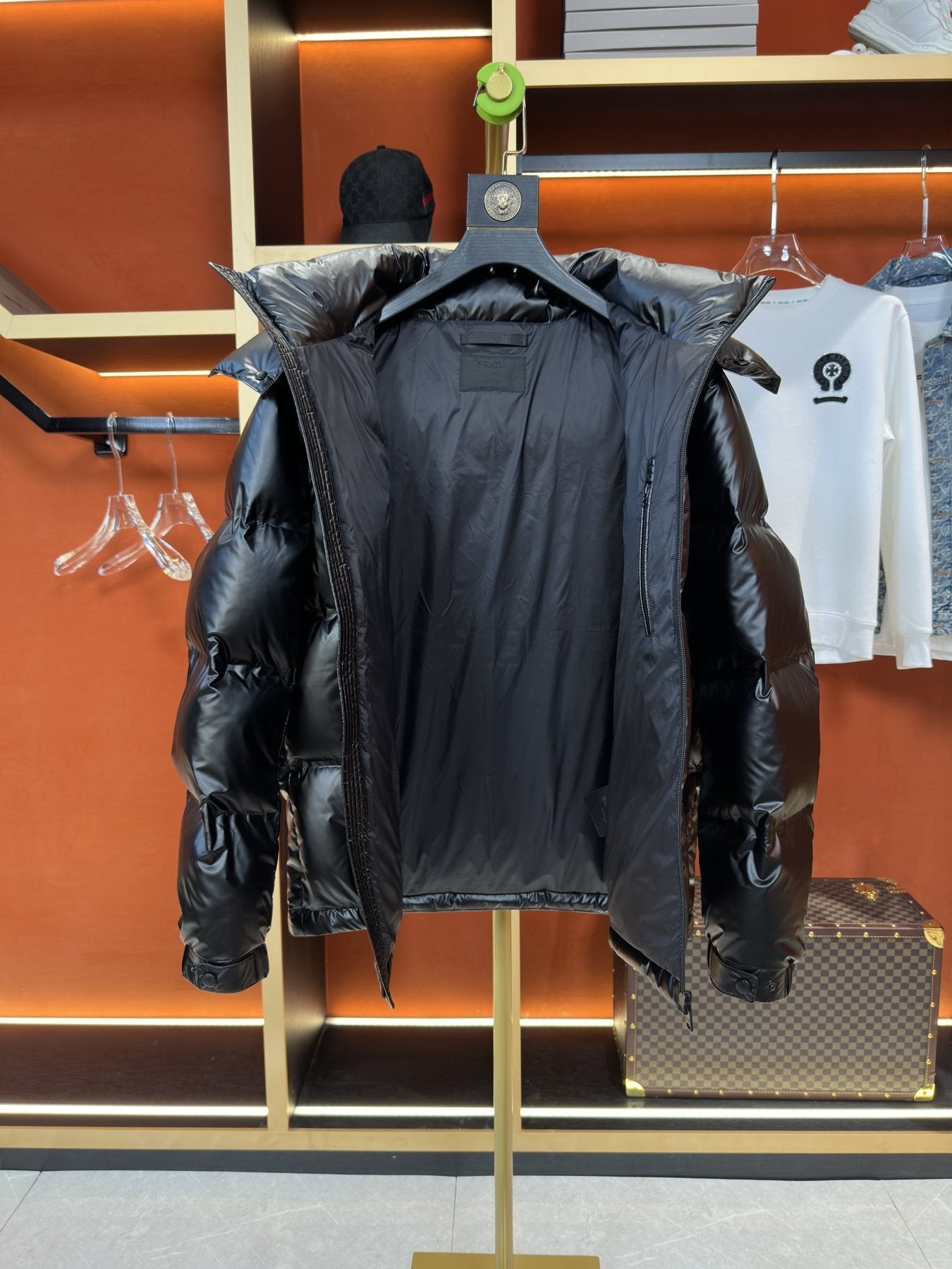 Prada Hooded Triangle-Badge Puffer Jacket — detail