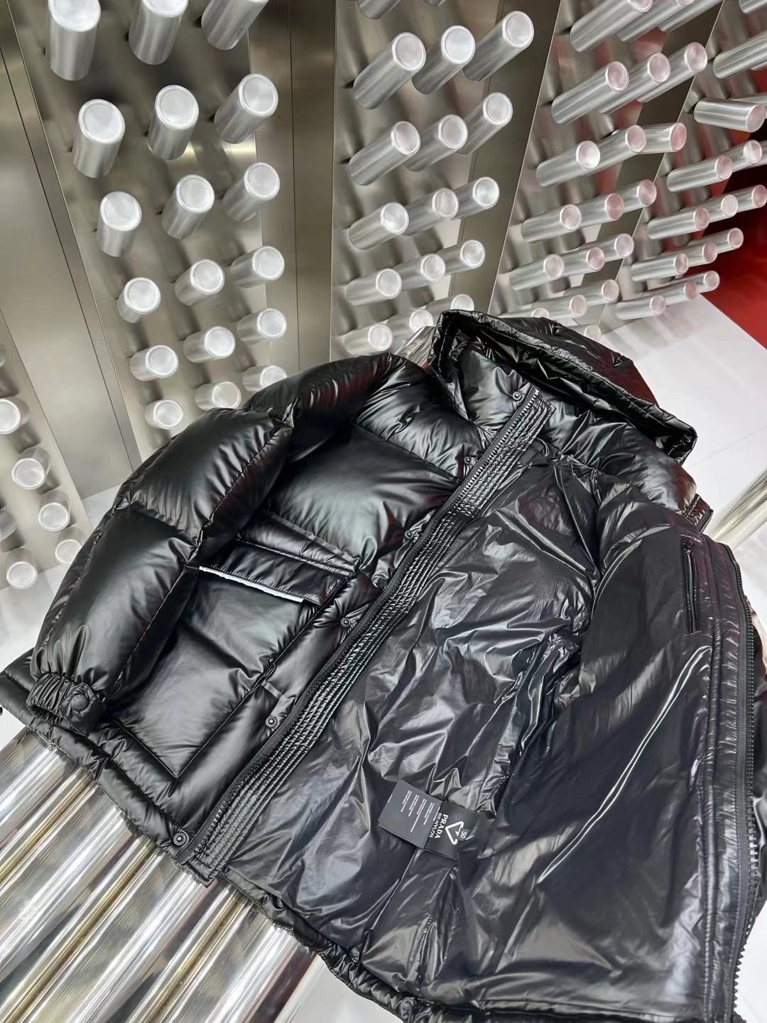 Prada Black Hooded Quilted Puffer Jacket — detail