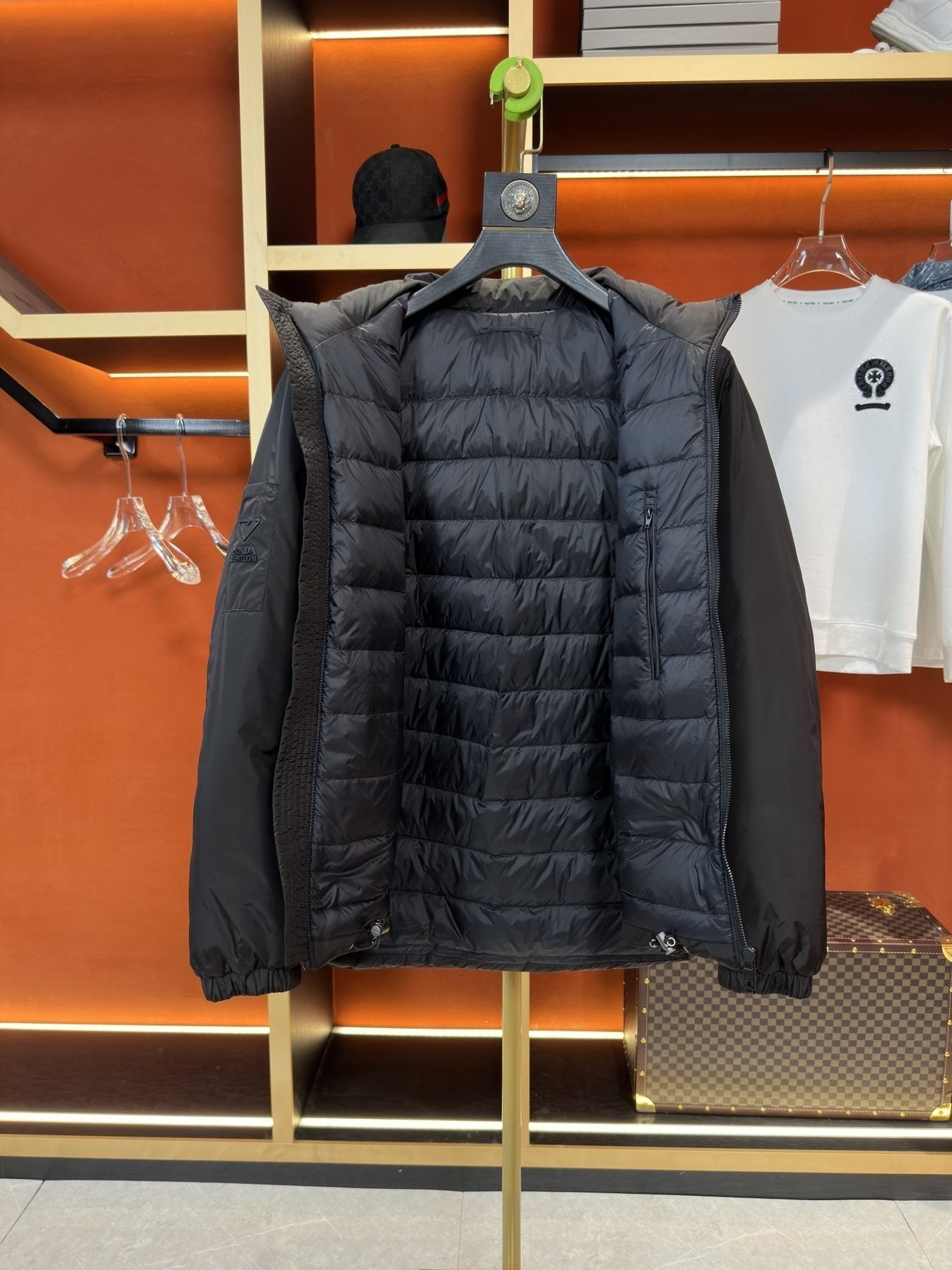Prada Reversible Hooded Short Down Jacket — detail