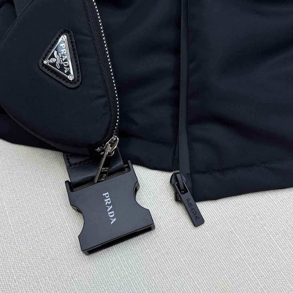 Prada Belted Hooded Short Down Jacket — detail