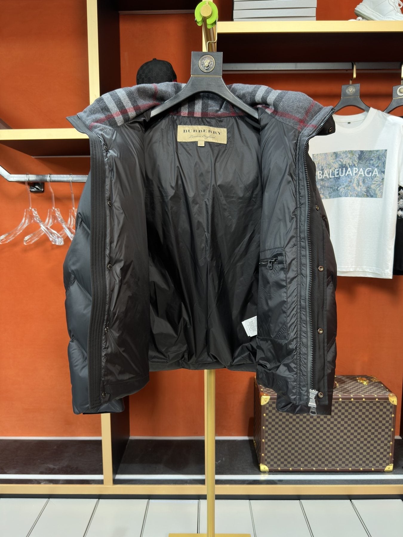 Burberry Hooded Equestrian Logo Puffer Jacket — detail