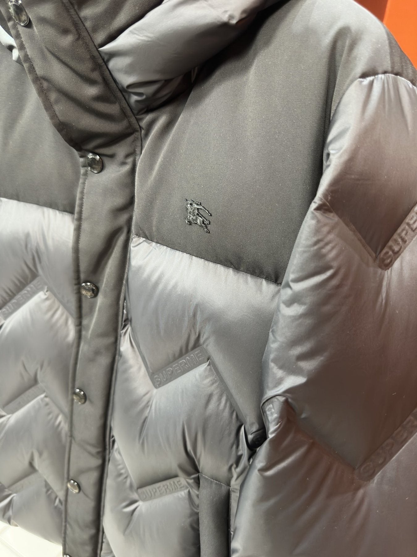 Burberry Hooded Equestrian Logo Puffer Jacket — detail