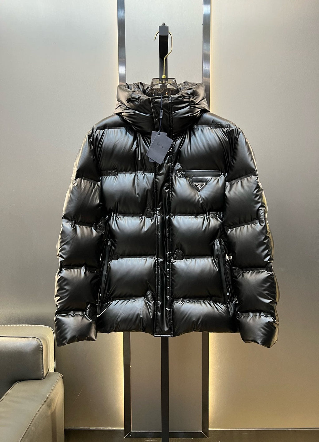 Prada Black Hooded Quilted Puffer Jacket — hero